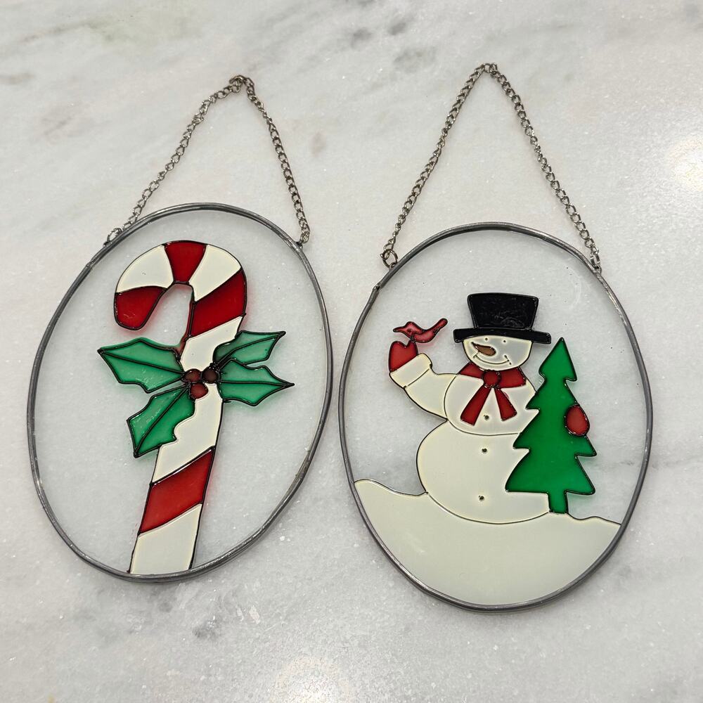 Vintage Christmas Window Suncatcher Faux Stained Glass Oval Metal Lot of 2